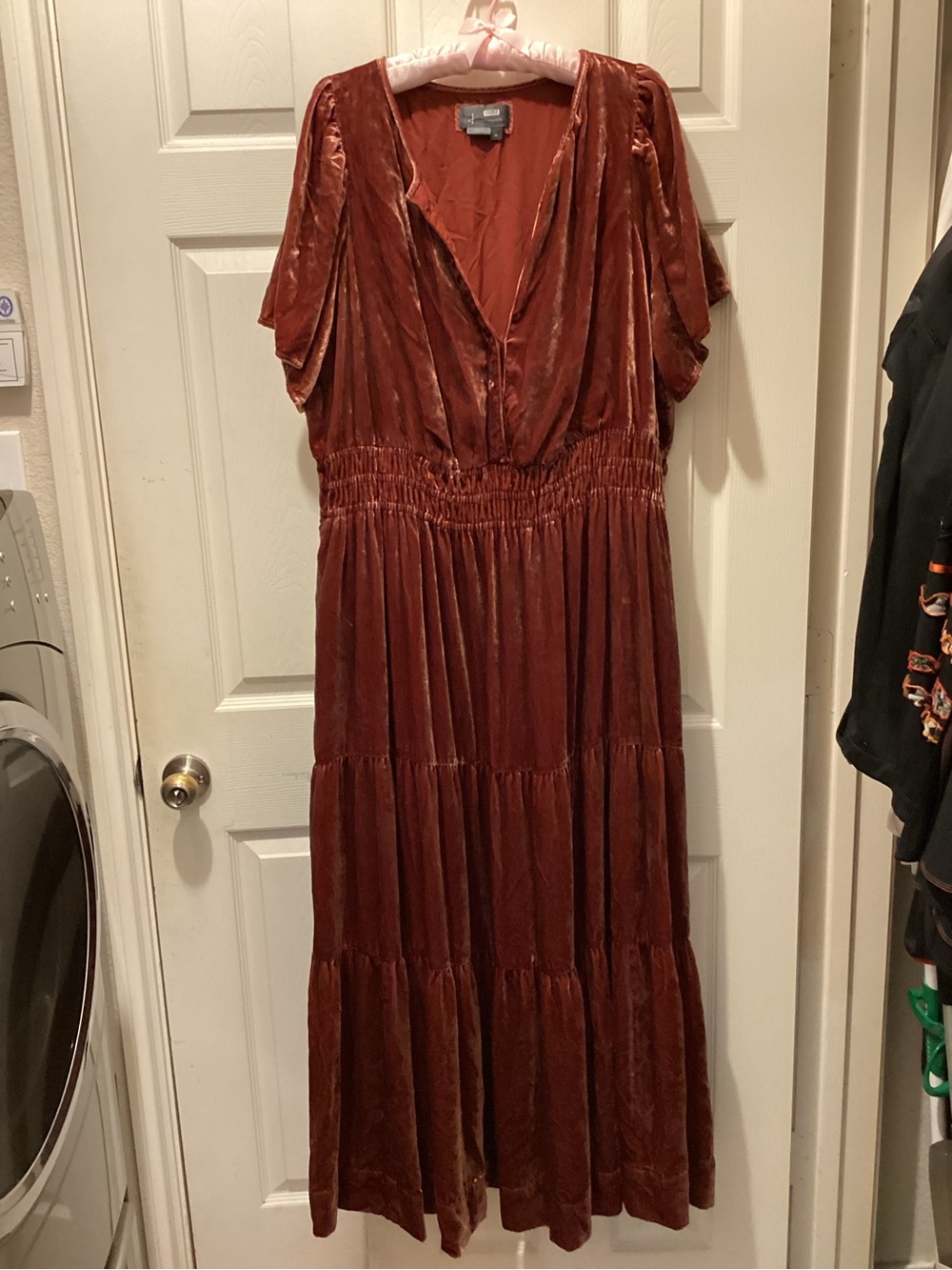 Anthropologie Burnt Orange Velvet Tiered Maxi Dress